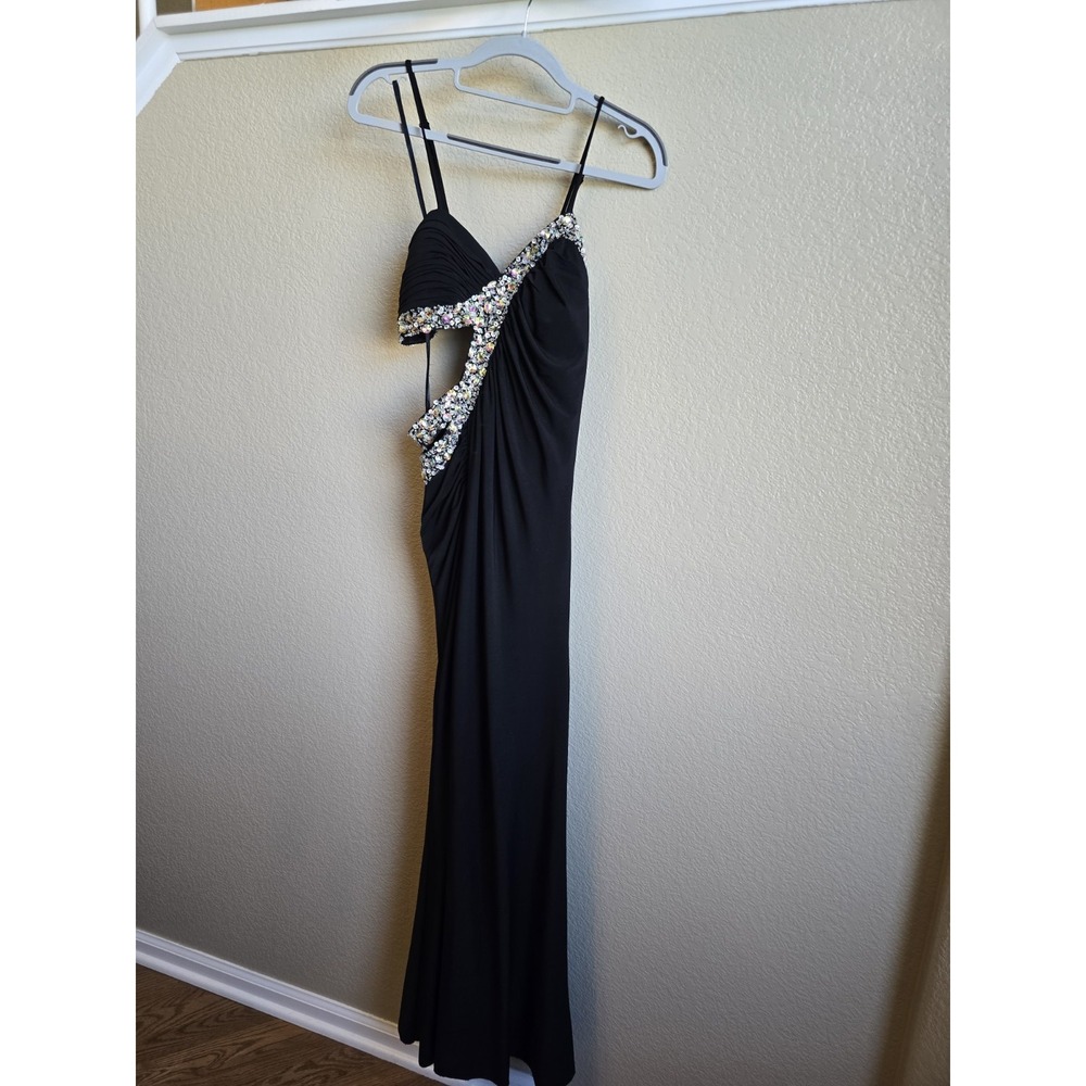 Vtg Size 6 Elegant Black Evening Gown Beaded Rhinestone Detail Straps Long Gala